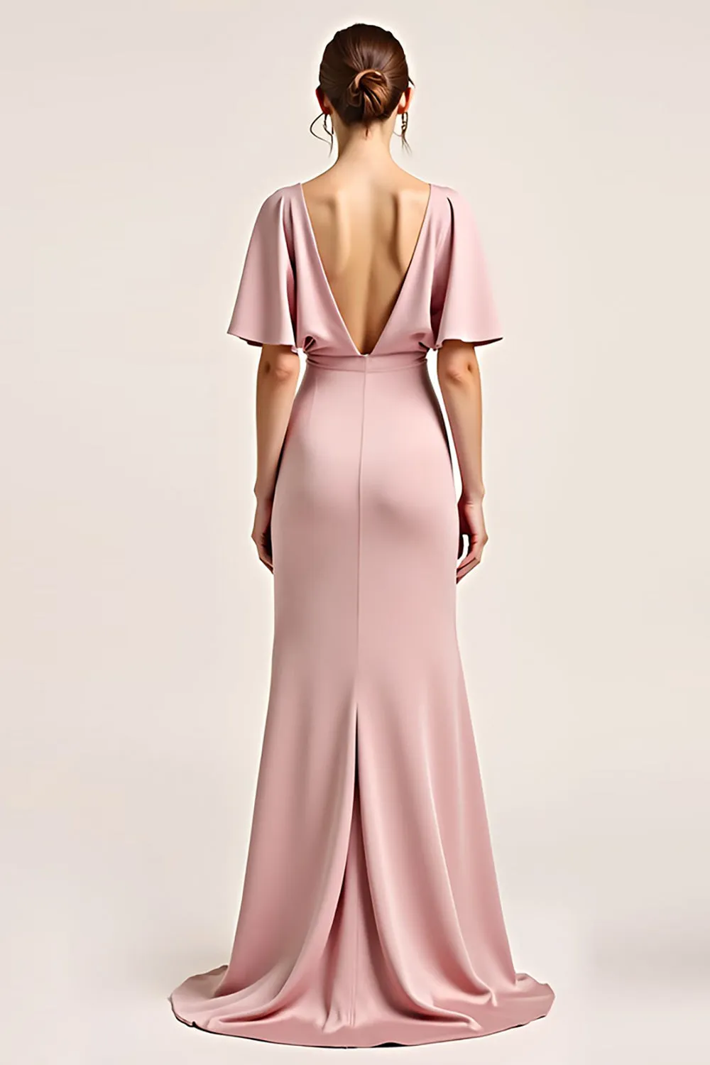 Dusty Rose V-Neck Satin Half Sleeves Long Bridesmaid Dress with Slit sold by Zapaka product image thumbnail 2