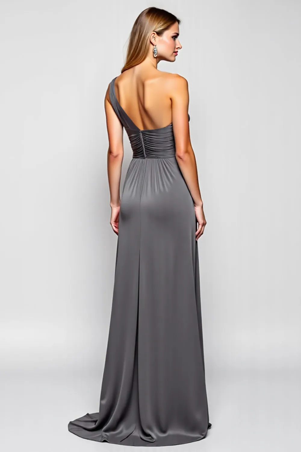 Sheath Steel Grey One Shoulder Long Satin Bridesmaid Dress sold by Zapaka product image thumbnail 2