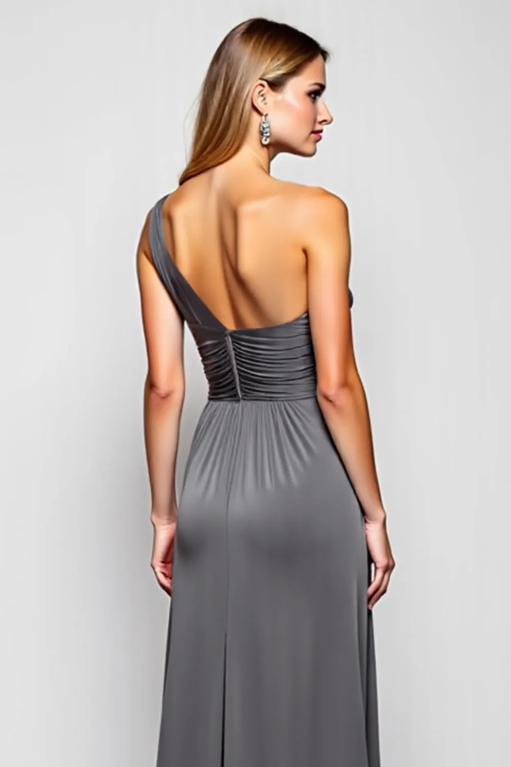 Sheath Steel Grey One Shoulder Long Satin Bridesmaid Dress sold by Zapaka product image thumbnail 4