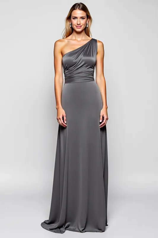 Sheath Steel Grey One Shoulder Long Satin Bridesmaid Dress sold by Zapaka