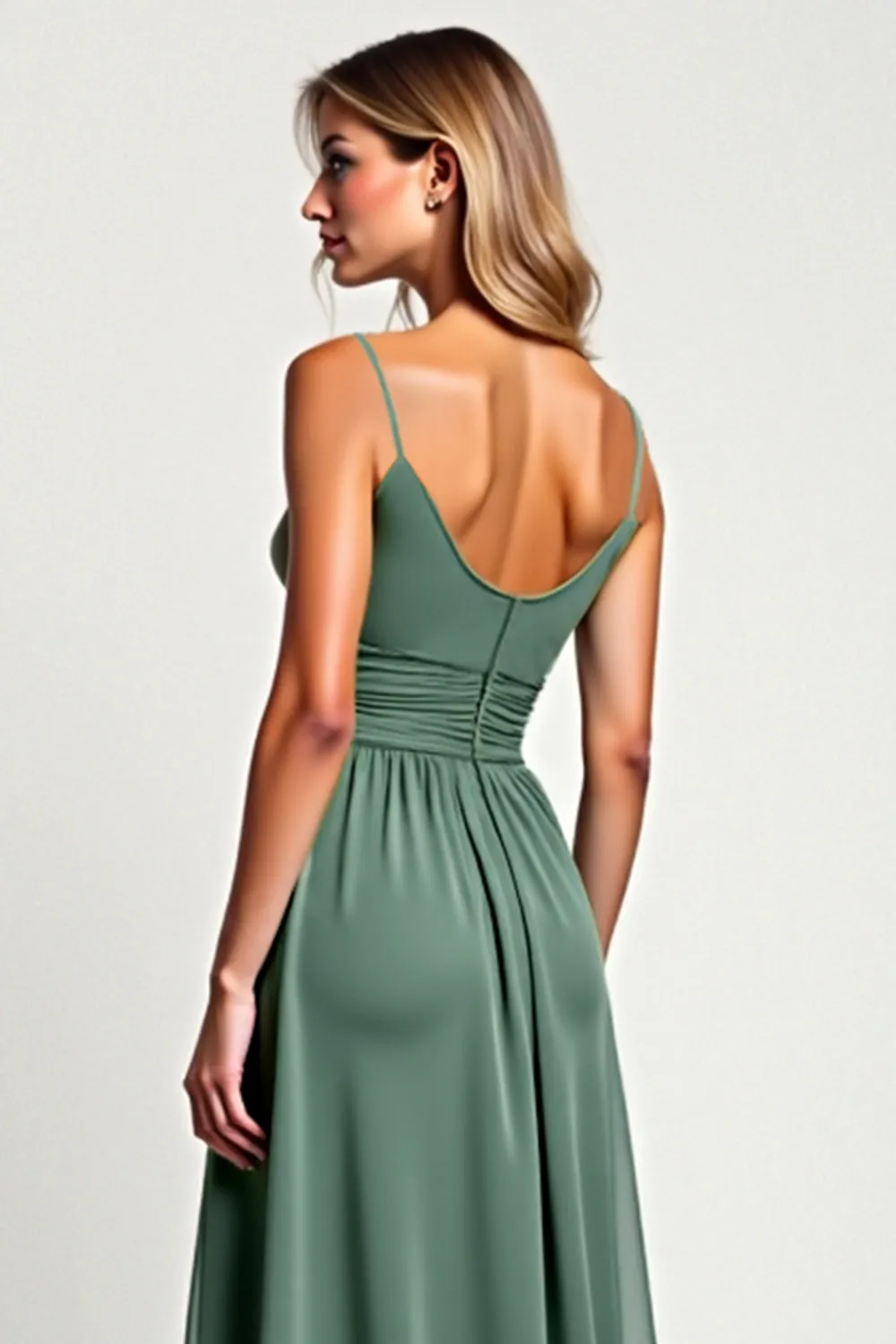 Eucalyptus A Line Chiffon Spaghetii Straps Long Bridesmaid Dress with Slit sold by Zapaka product image thumbnail 4