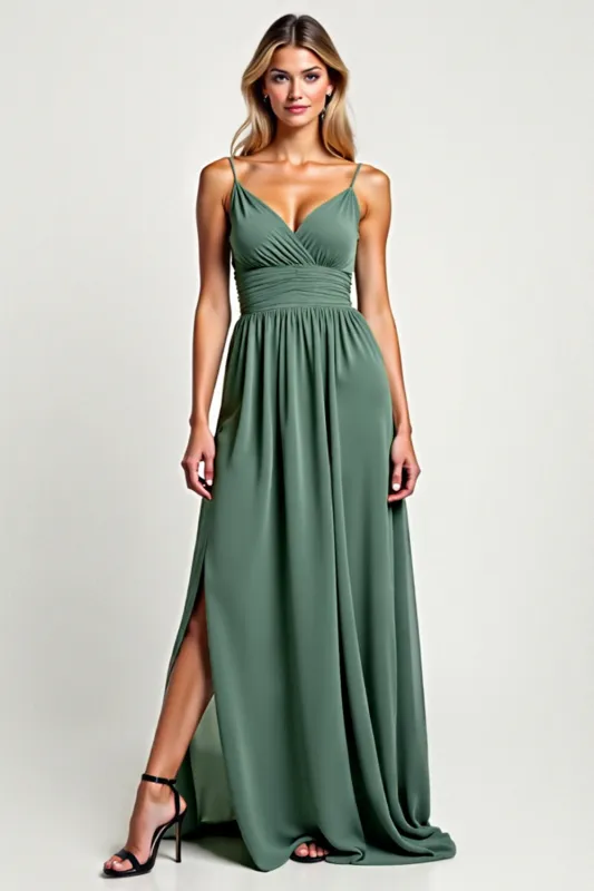 Eucalyptus A Line Chiffon Spaghetii Straps Long Bridesmaid Dress with Slit sold by Zapaka