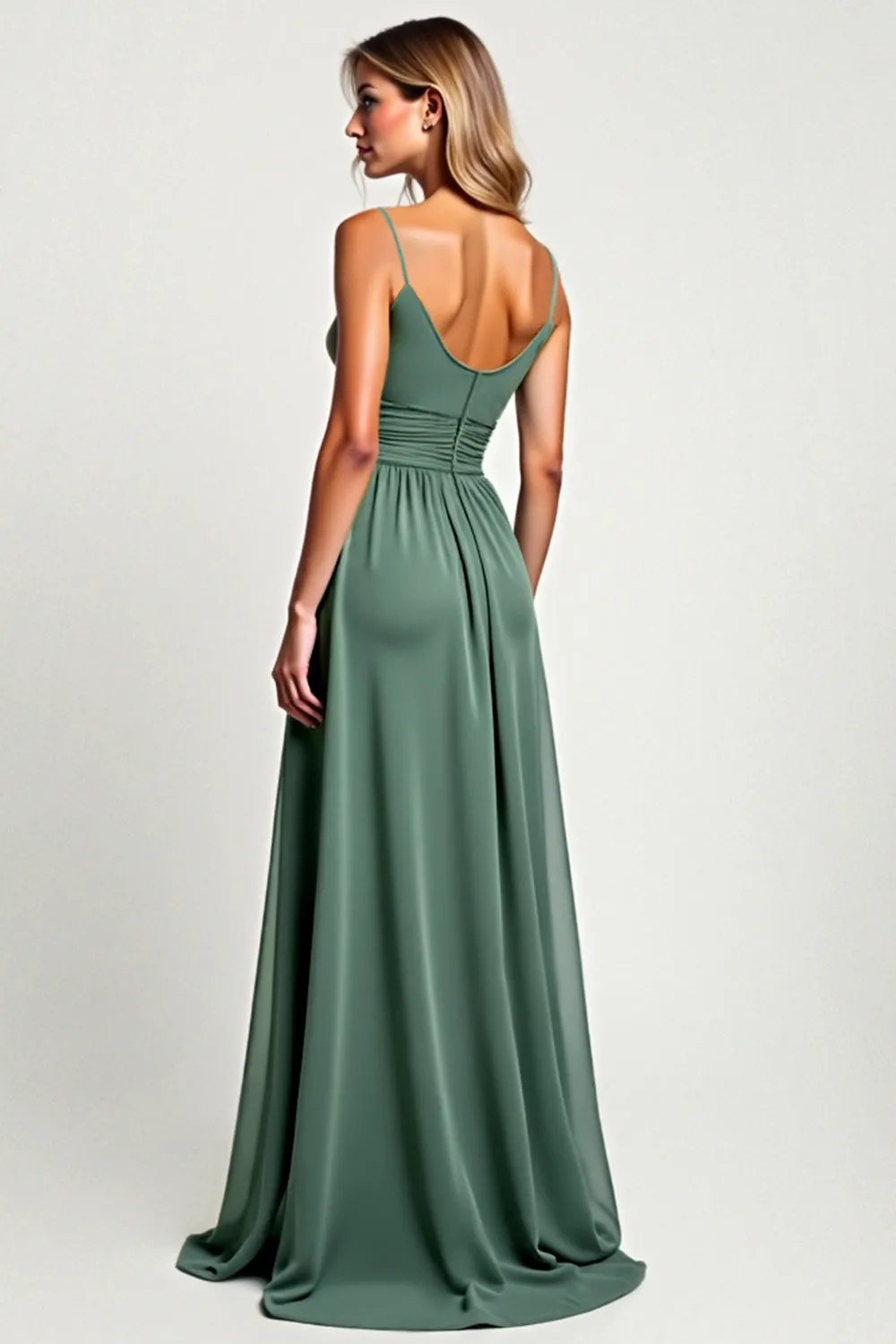 Eucalyptus A Line Chiffon Spaghetii Straps Long Bridesmaid Dress with Slit sold by Zapaka product image thumbnail 2