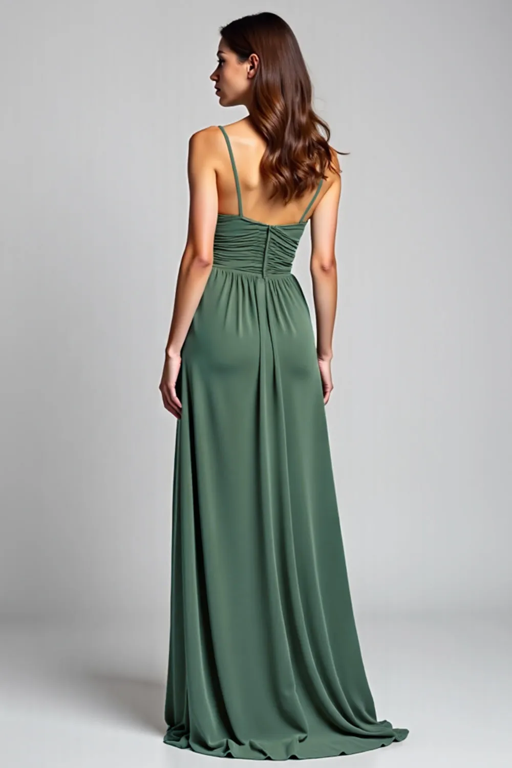Eucalyptus A Line Spaghetti Straps Ruched Bridesmaid Dress with Slit sold by Zapaka product image thumbnail 3