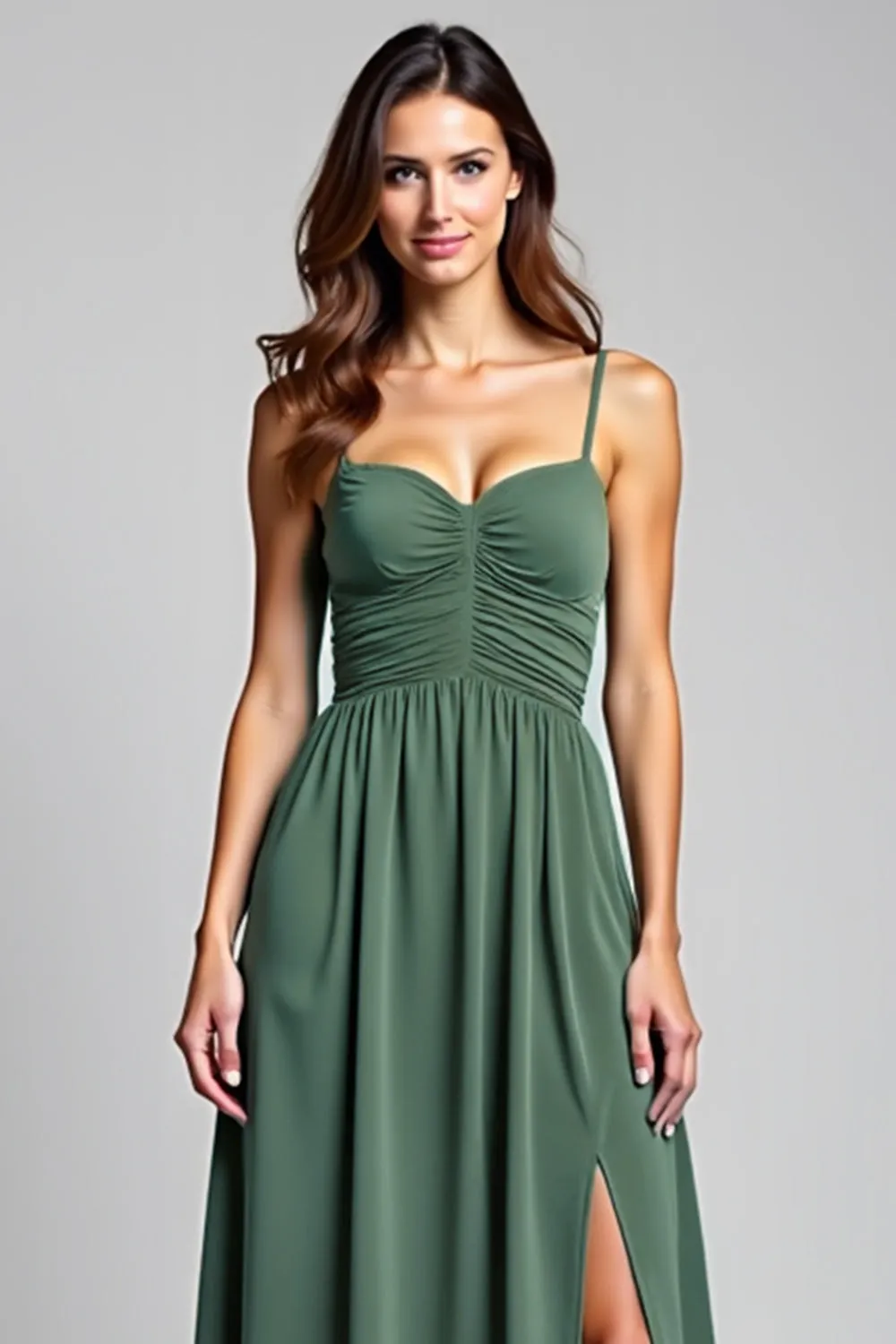 Eucalyptus A Line Spaghetti Straps Ruched Bridesmaid Dress with Slit sold by Zapaka product image thumbnail 4