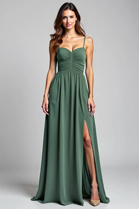 Eucalyptus A Line Spaghetti Straps Ruched Bridesmaid Dress with Slit sold by Zapaka