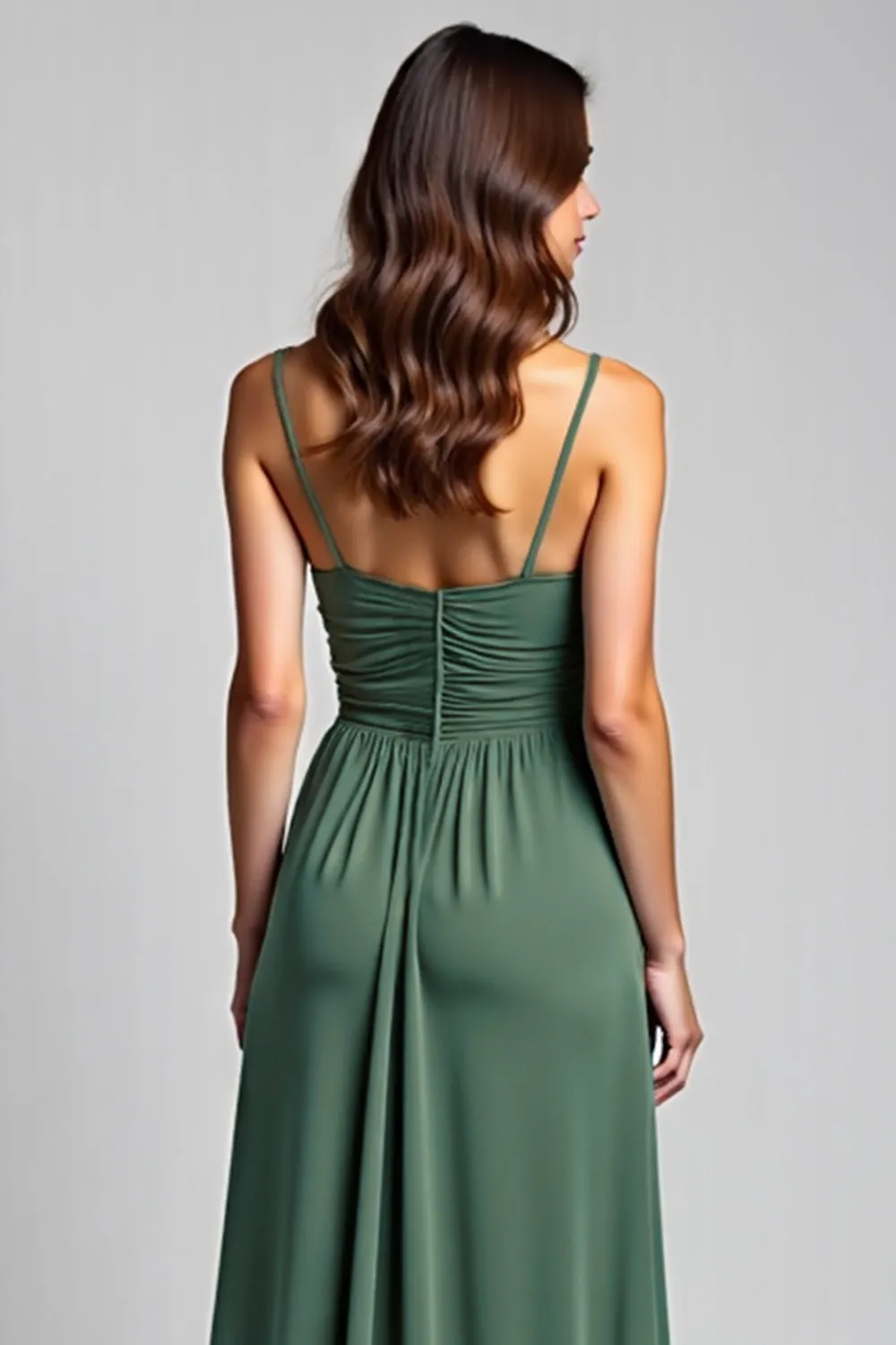 Eucalyptus A Line Spaghetti Straps Ruched Bridesmaid Dress with Slit sold by Zapaka product image thumbnail 5