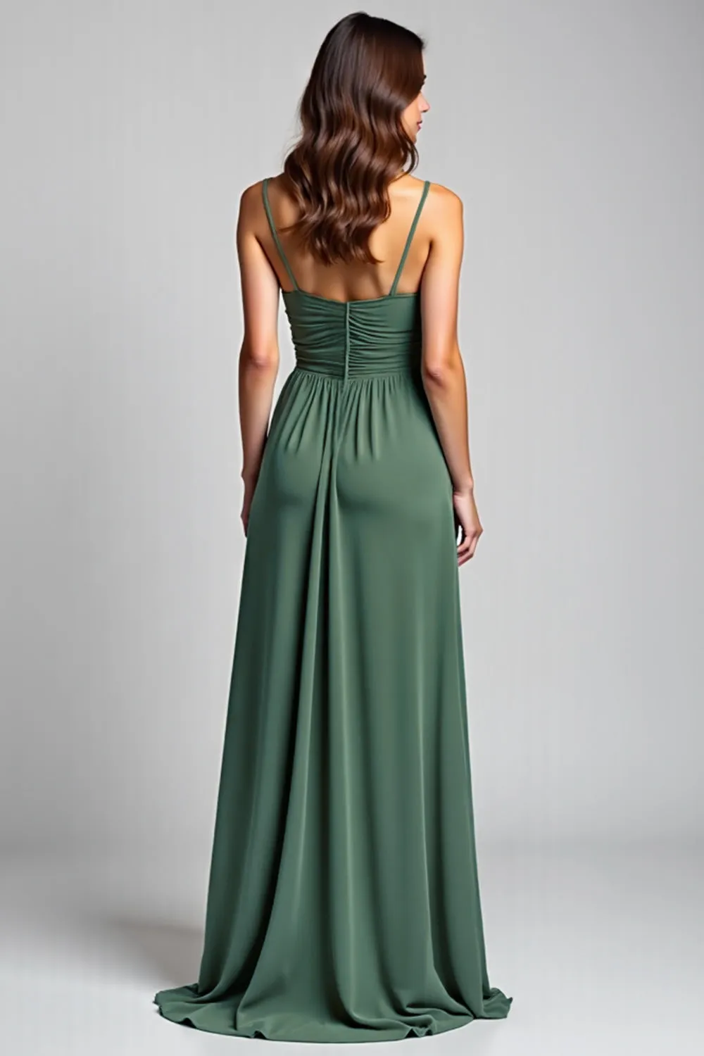 Eucalyptus A Line Spaghetti Straps Ruched Bridesmaid Dress with Slit sold by Zapaka product image thumbnail 2