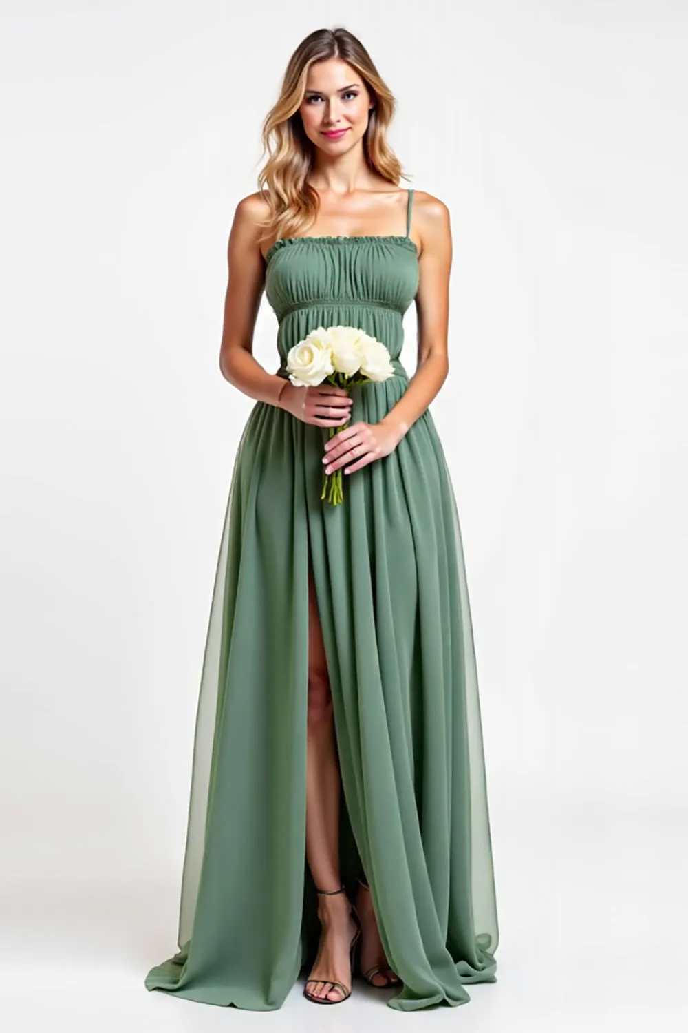 Eucalyptus A Line Chiffon Bridesmaid Dress with Slit sold by Zapaka