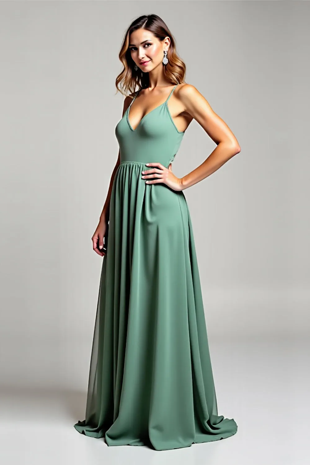 Ruched Spaghetti Straps Eucalyptus A Line Bridesmaid Dress sold by Zapaka