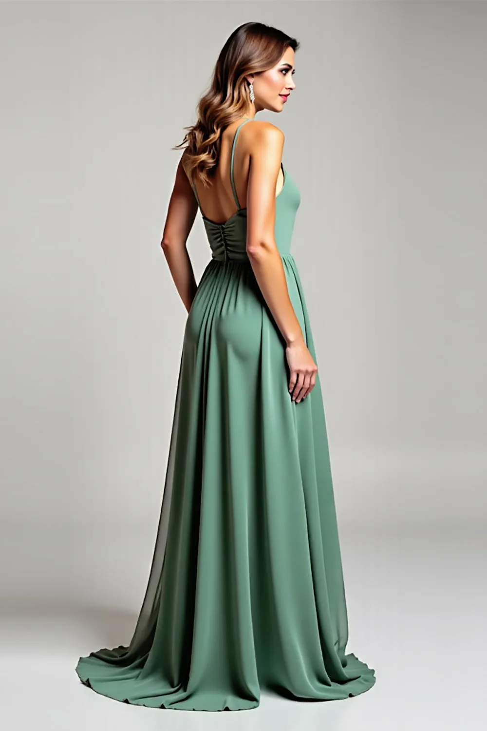 Ruched Spaghetti Straps Eucalyptus A Line Bridesmaid Dress sold by Zapaka product image thumbnail 2