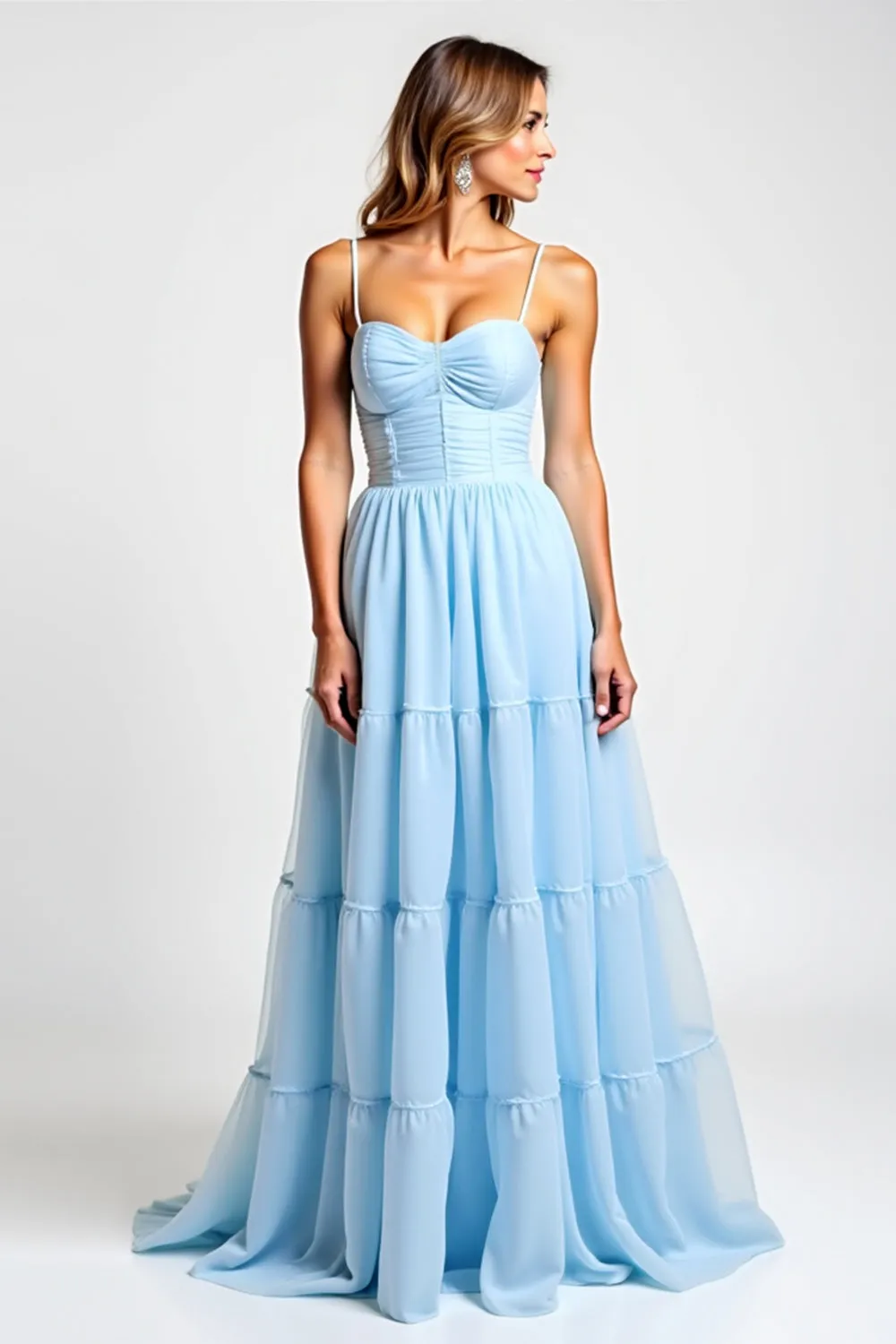 Sky Blue Tiered A Line Spaghetti Straps Bridesmaid Dress sold by Zapaka