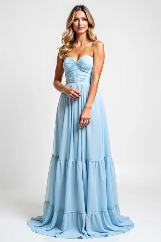 Strapless Ruched Tiered A Line Sky Blue Bridesmaid Dress sold by Zapaka
