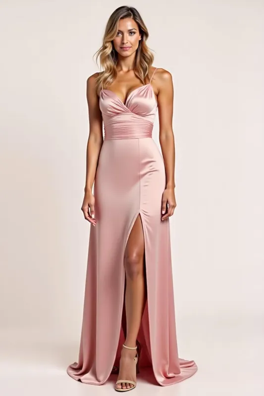 Blush A Line Spaghetti Straps Ruched Long Bridesmaid Dress with Slit sold by Zapaka