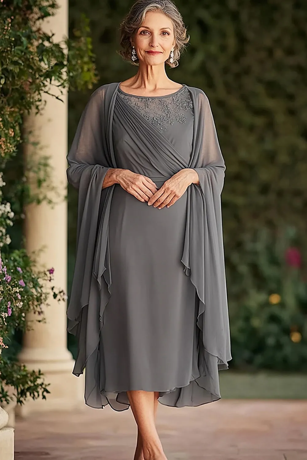 Grey Sheath Scoop Tea Length Mother of the Bride Dress with Chiffon Jacket sold by Zapaka