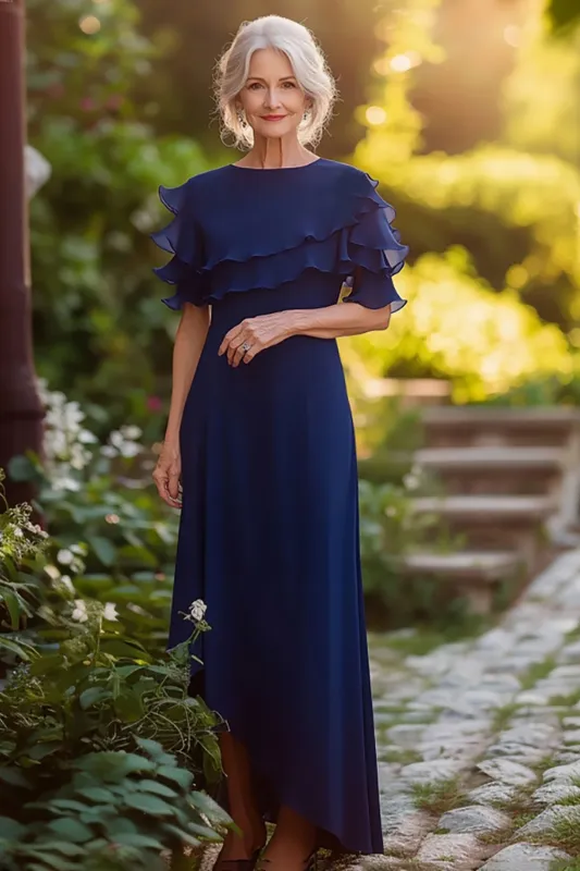 Navy Sheath Ruffled Scoop Chiffon Long Mother of the Bride Dress sold by Zapaka