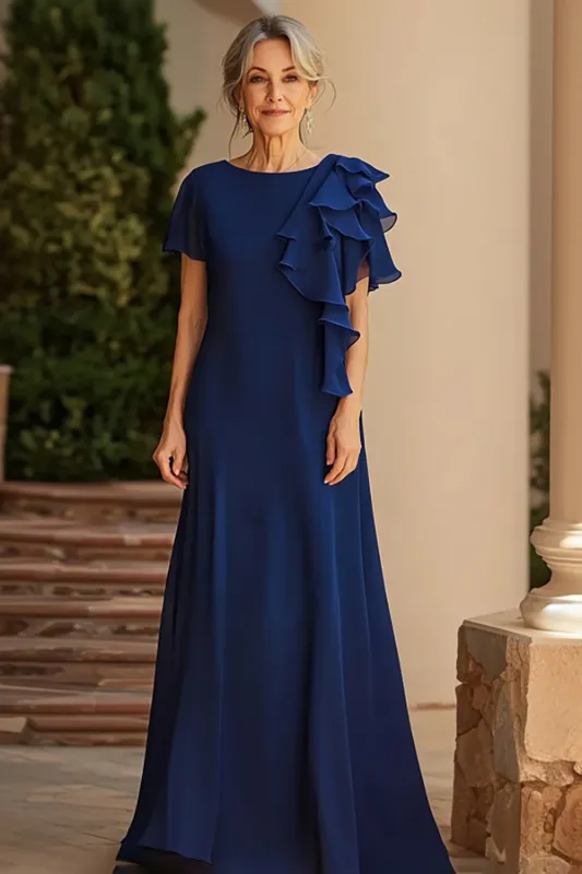 Navy Sheath Chiffon Scoop Long Mother of the Bride Dress with Ruffle sold by Zapaka