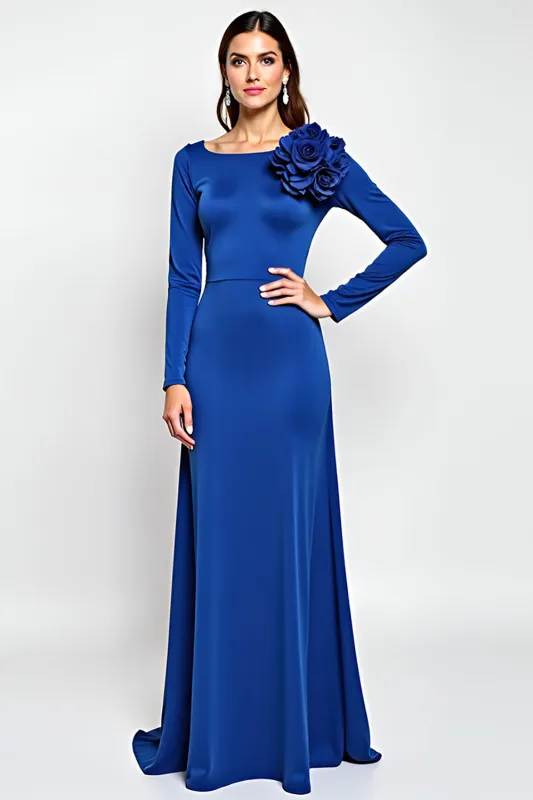 Royal Blue Sheath Scoop Long Sleeves Mother of the Bride Dress with Flowers sold by Zapaka