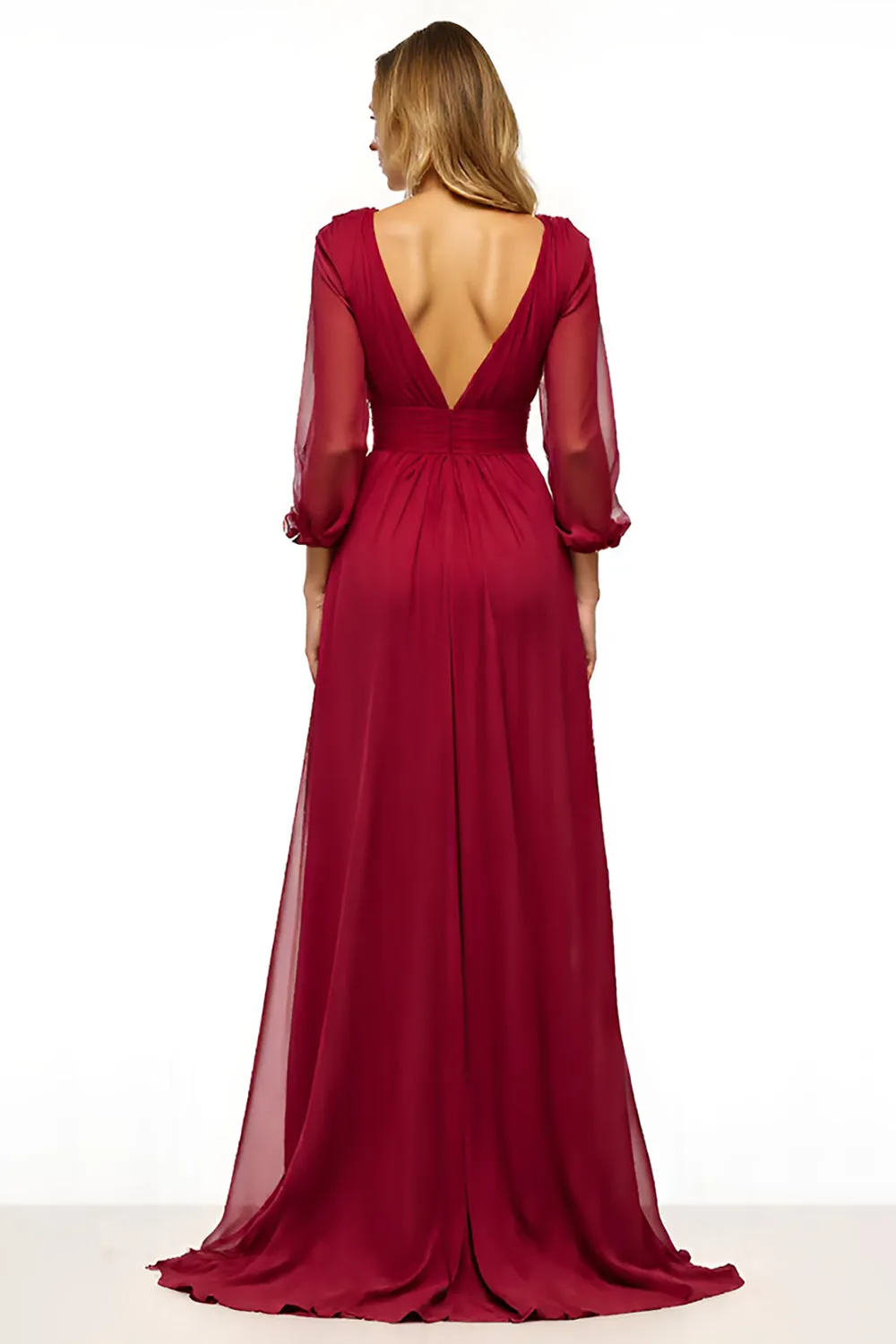 Burgundy Sheath Deep V Neck Long Sleeves Mother of the Bride Dress with Slit sold by Zapaka product image thumbnail 2