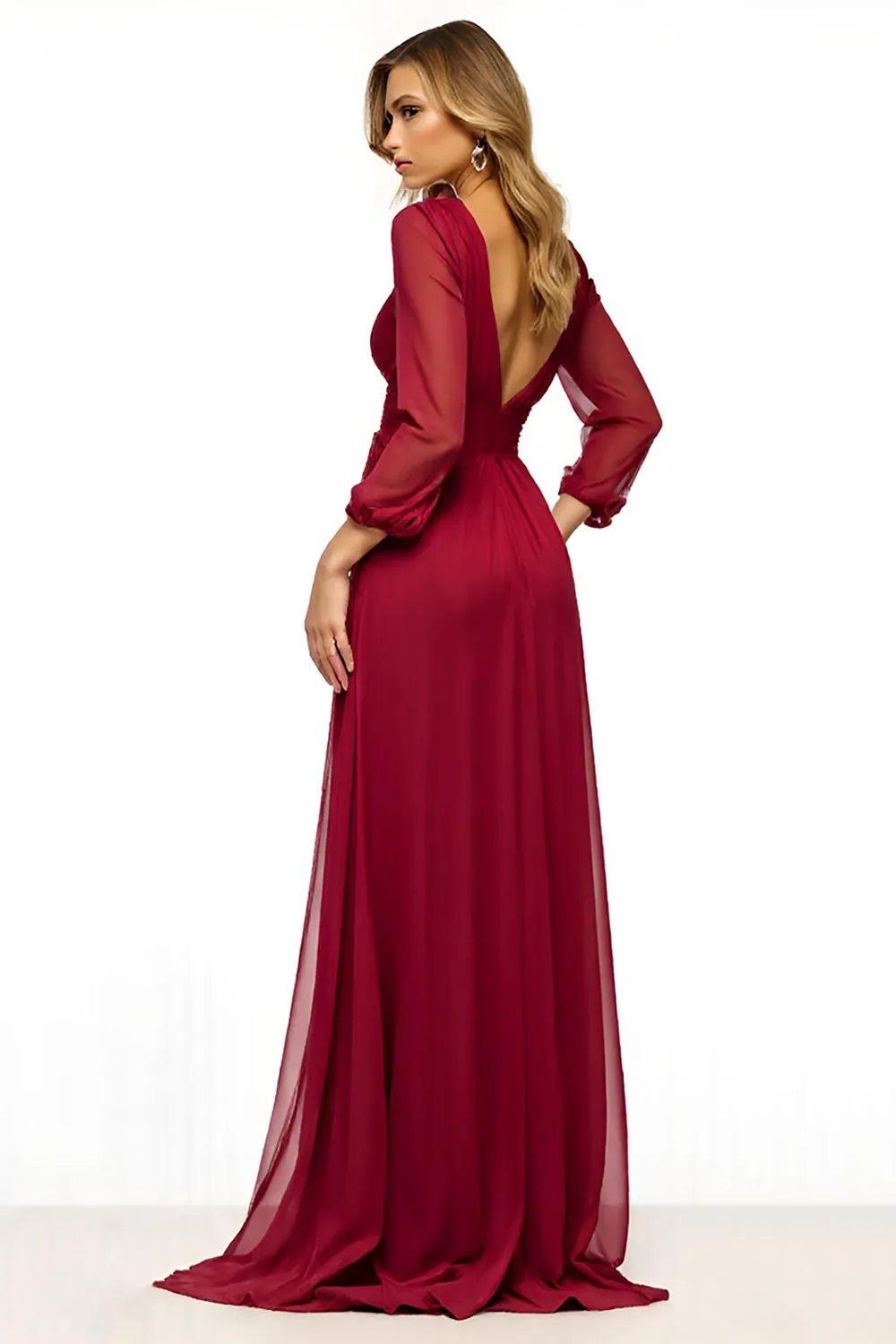 Burgundy Sheath Deep V Neck Long Sleeves Mother of the Bride Dress with Slit sold by Zapaka product image thumbnail 3