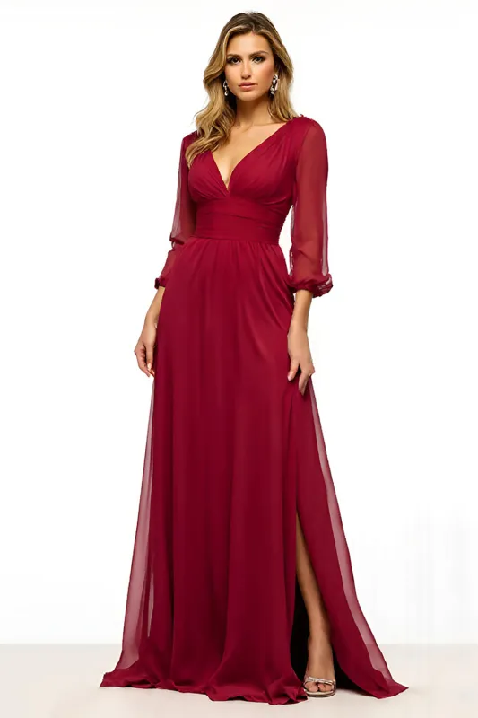 Burgundy Sheath Deep V Neck Long Sleeves Mother of the Bride Dress with Slit sold by Zapaka