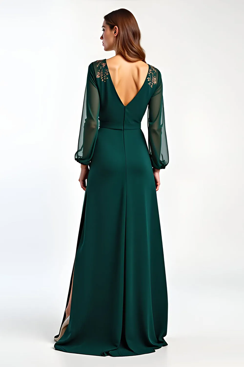 Pine Sheath Deep V Neck Long Sleeves Mother of the Bride Dress with Slit sold by Zapaka product image thumbnail 2
