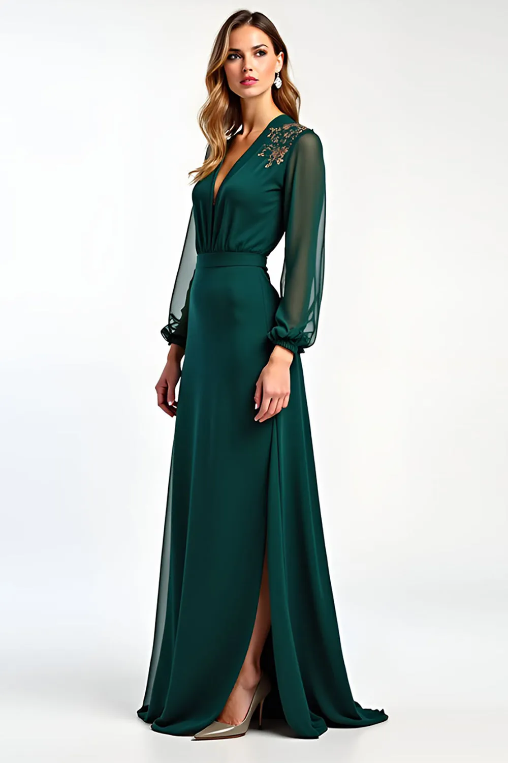 Pine Sheath Deep V Neck Long Sleeves Mother of the Bride Dress with Slit sold by Zapaka