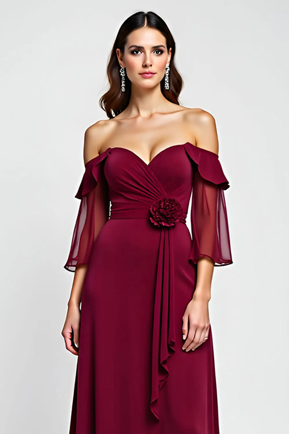 Burgundy Sheath Off the Shoulder Chiffon Mother of the Bride Dress with 3D Flower sold by Zapaka product image thumbnail 3