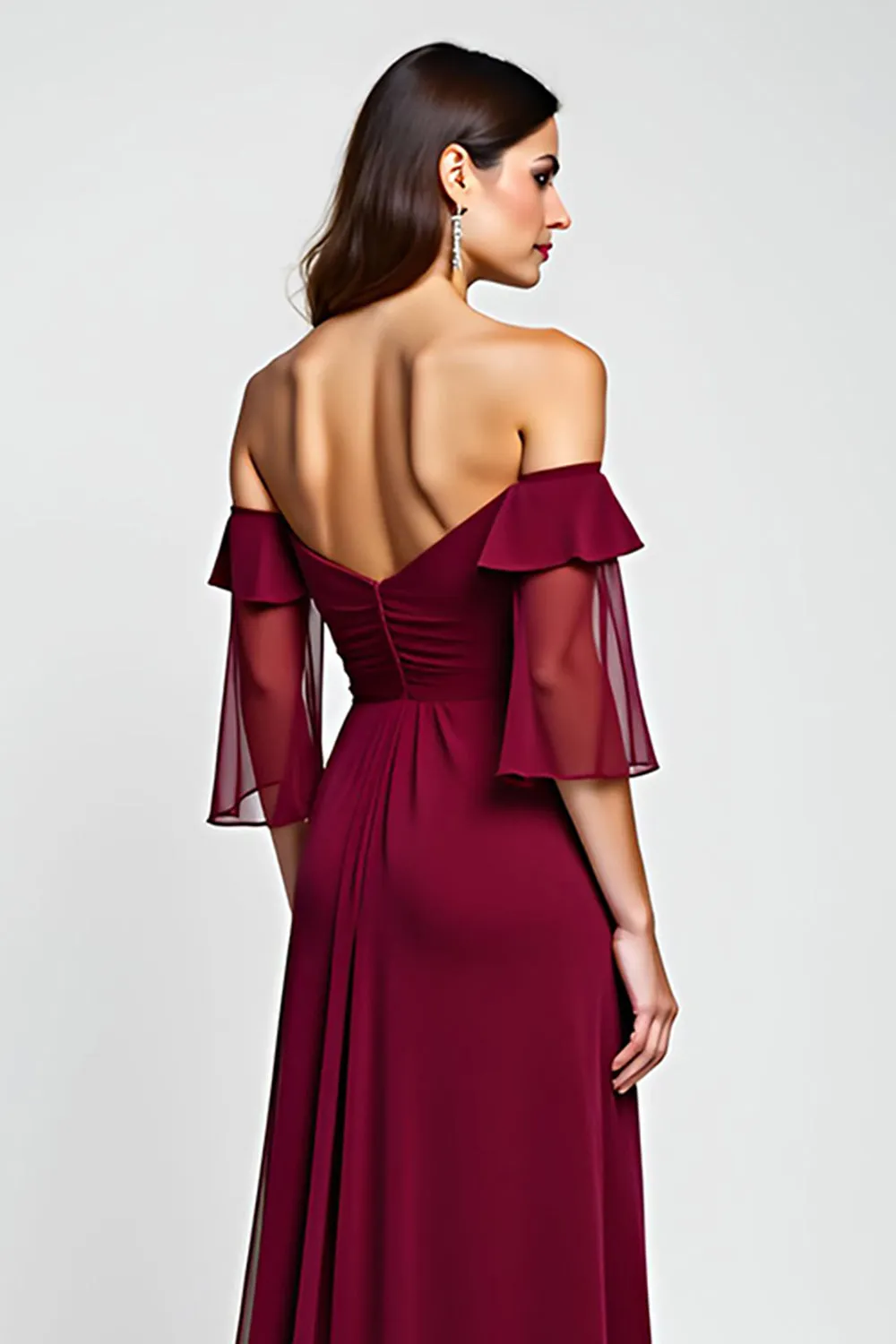 Burgundy Sheath Off the Shoulder Chiffon Mother of the Bride Dress with 3D Flower sold by Zapaka product image thumbnail 4