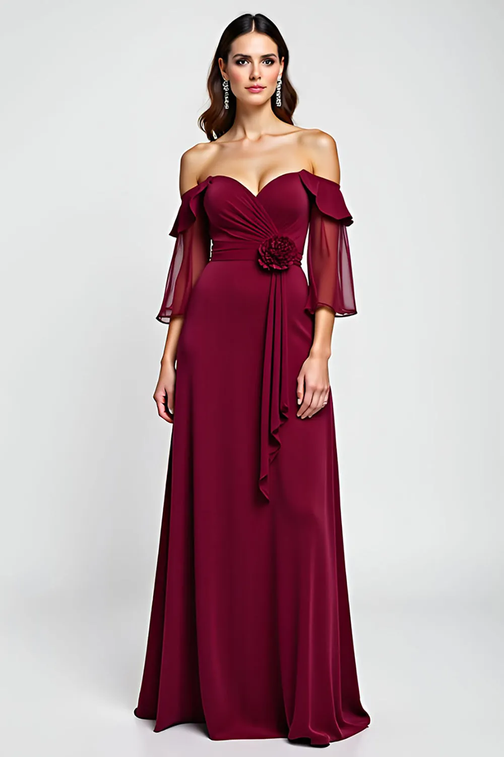 Burgundy Sheath Off the Shoulder Chiffon Mother of the Bride Dress with 3D Flower sold by Zapaka