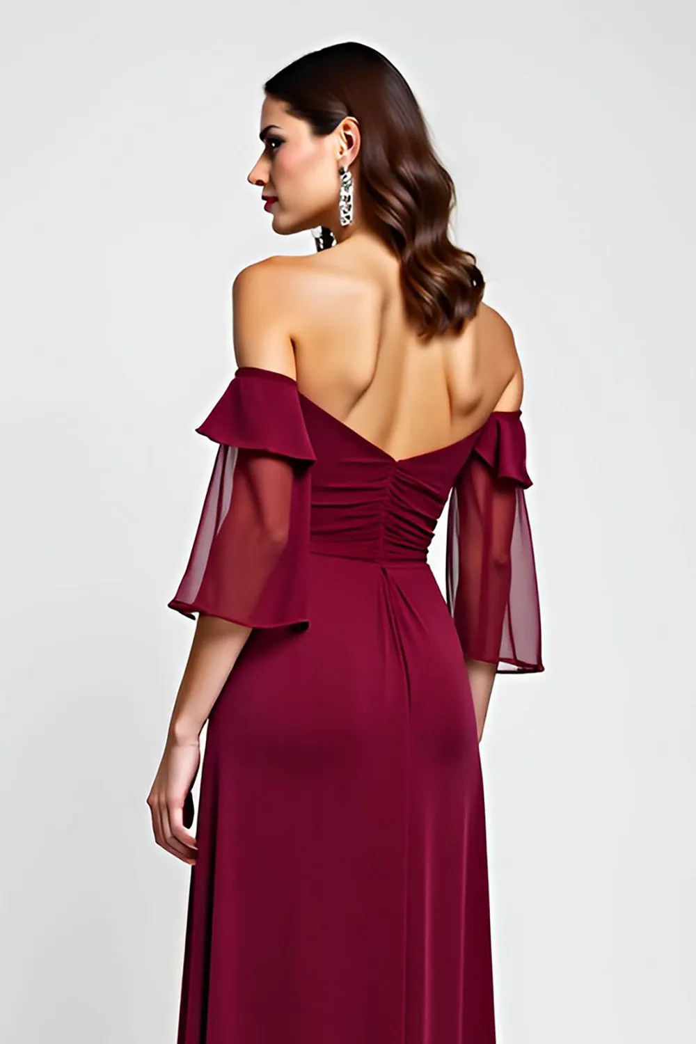 Burgundy Sheath Off the Shoulder Chiffon Mother of the Bride Dress with 3D Flower sold by Zapaka product image thumbnail 5