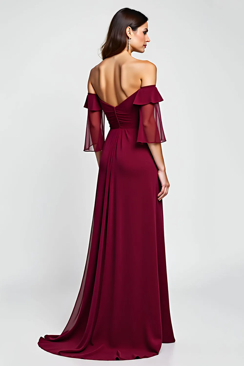 Burgundy Sheath Off the Shoulder Chiffon Mother of the Bride Dress with 3D Flower sold by Zapaka product image thumbnail 2