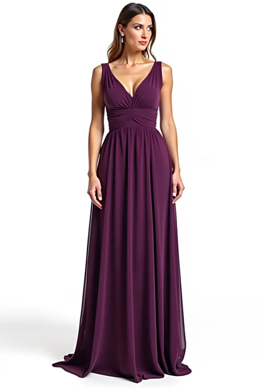Purple Sheath V-Neck Pleated Chiffon Long Mother of the Bride Dress sold by Zapaka