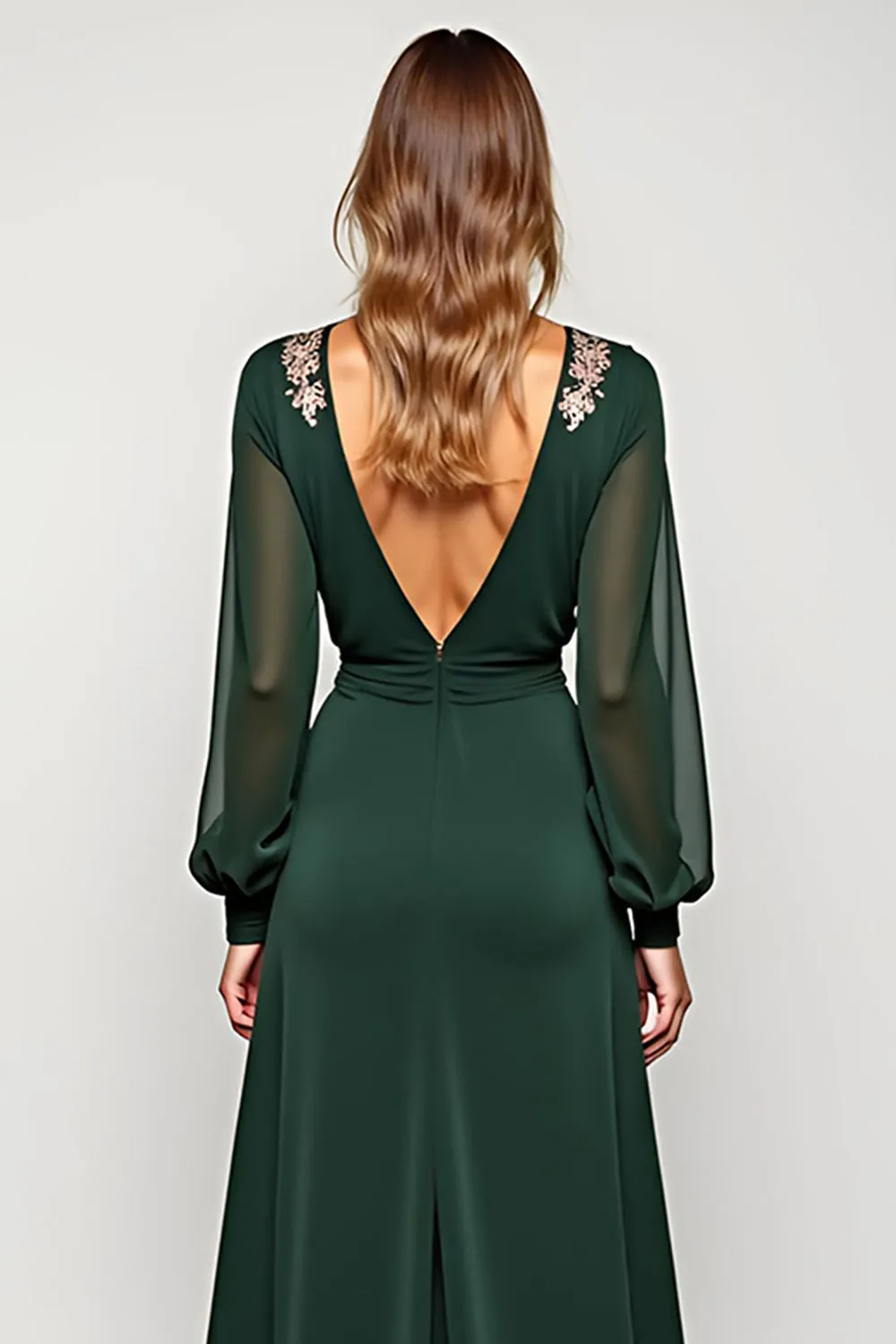 Pine Sheath Deep V Neck Long Sleeves Mother of the Bride Dress with Appliques sold by Zapaka product image thumbnail 4