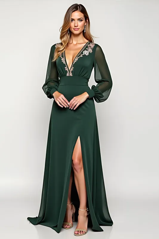 Pine Sheath Deep V Neck Long Sleeves Mother of the Bride Dress with Appliques sold by Zapaka