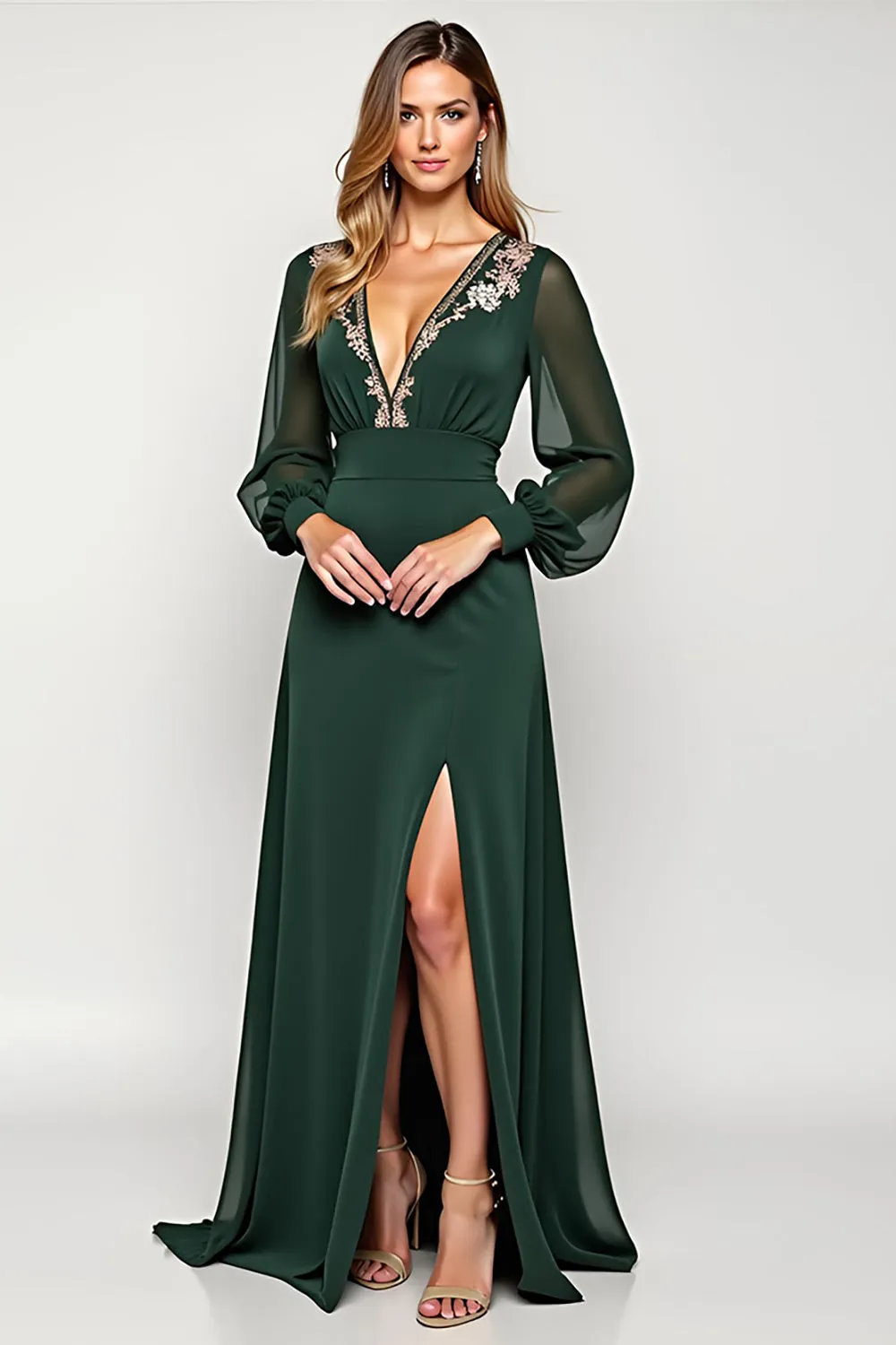 Pine Sheath Deep V Neck Long Sleeves Mother of the Bride Dress with Appliques sold by Zapaka