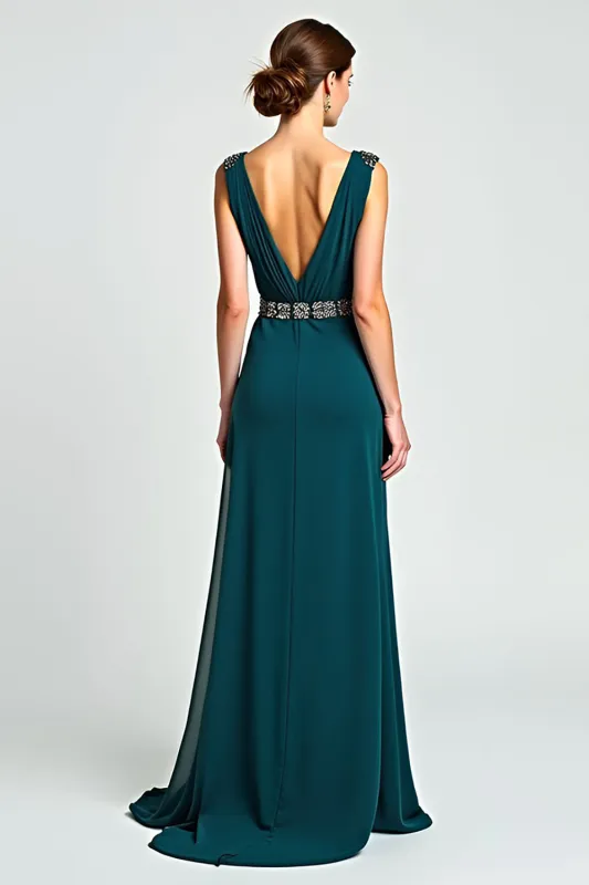 Peacock Sheath Wrap V-Neck Chiffon Mother of the Bride Dress with Beading sold by Zapaka
