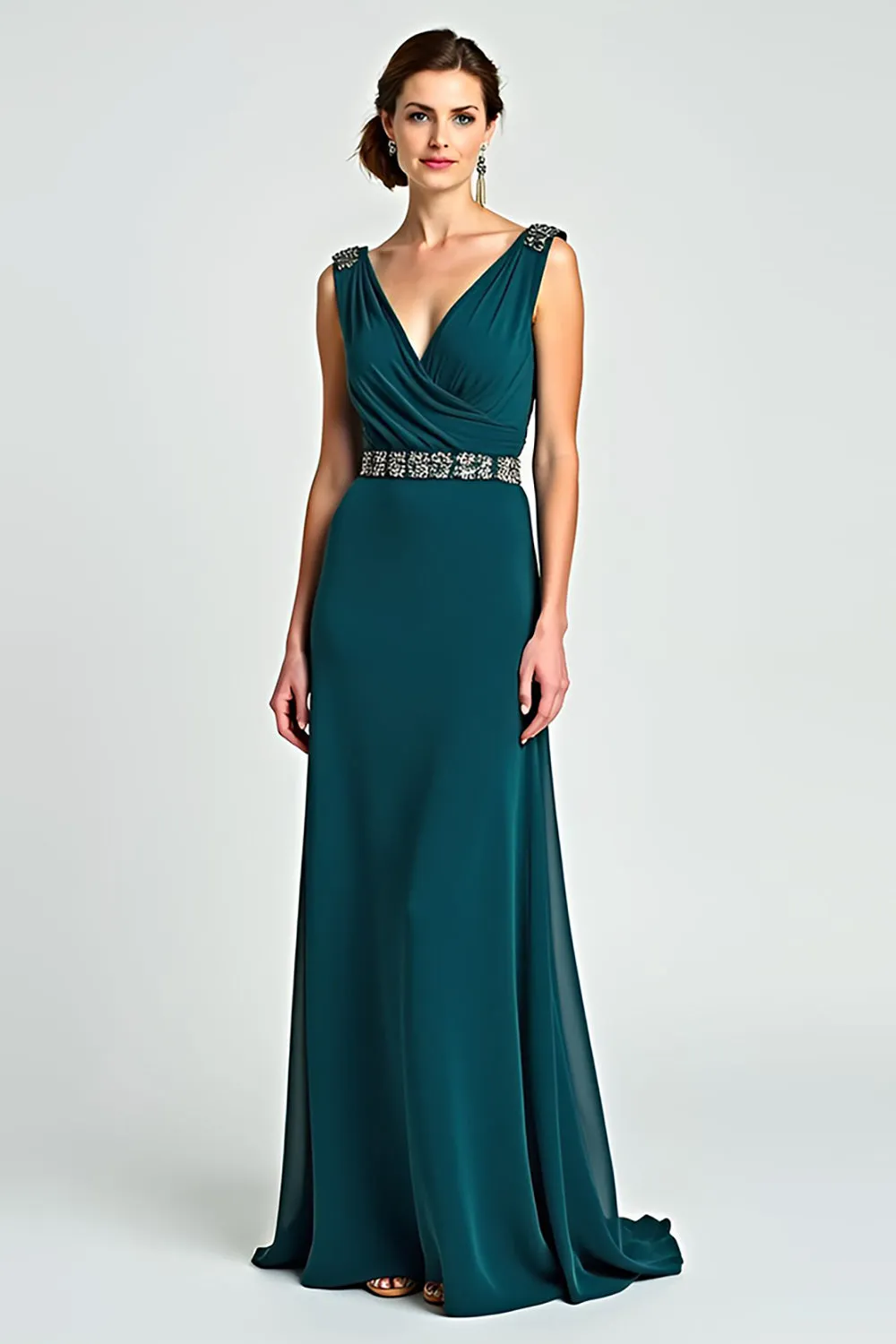 Peacock Sheath Wrap V-Neck Chiffon Mother of the Bride Dress with Beading sold by Zapaka product image thumbnail 5