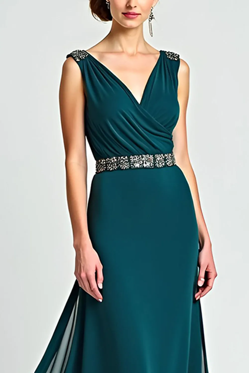 Peacock Sheath Wrap V-Neck Chiffon Mother of the Bride Dress with Beading sold by Zapaka product image thumbnail 2