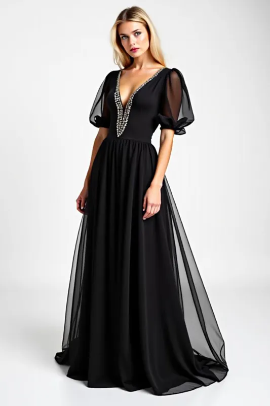 Black A Line Beaded V Neck Long Chiffon Mother Of The Bride Dress sold by Zapaka