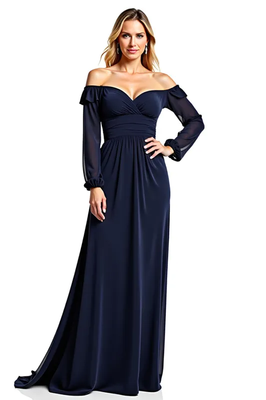 Navy Sheath Off the Shoulder Long Sleeves Chiffon Mother of the Bride Dress sold by Zapaka