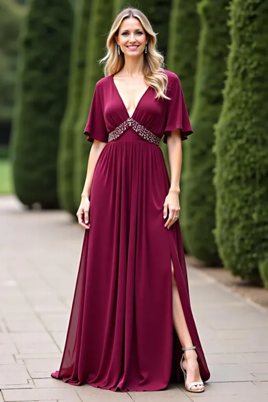 A Line Burgundy V Neck Beaded Mother Of The Bride Dress With Slit sold by Zapaka