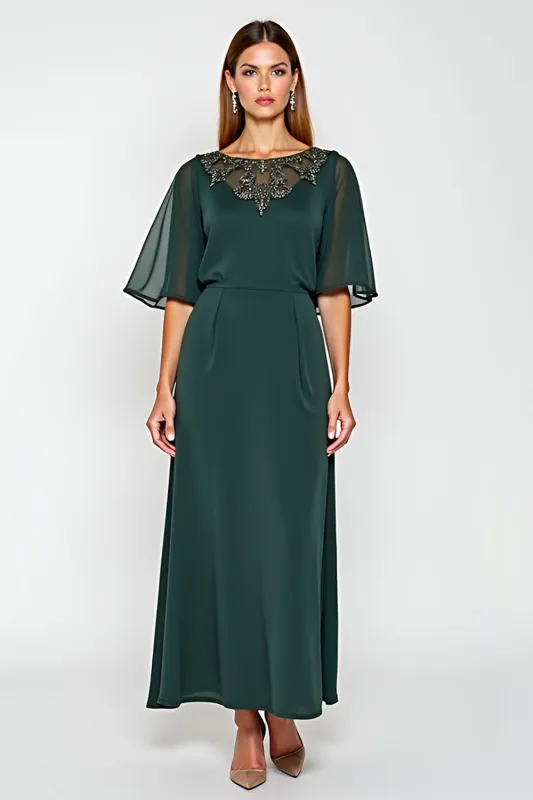 Pine Sheath Scoop Half Sleeves Chiffon Mother of the Bride Dress with Appliques sold by Zapaka