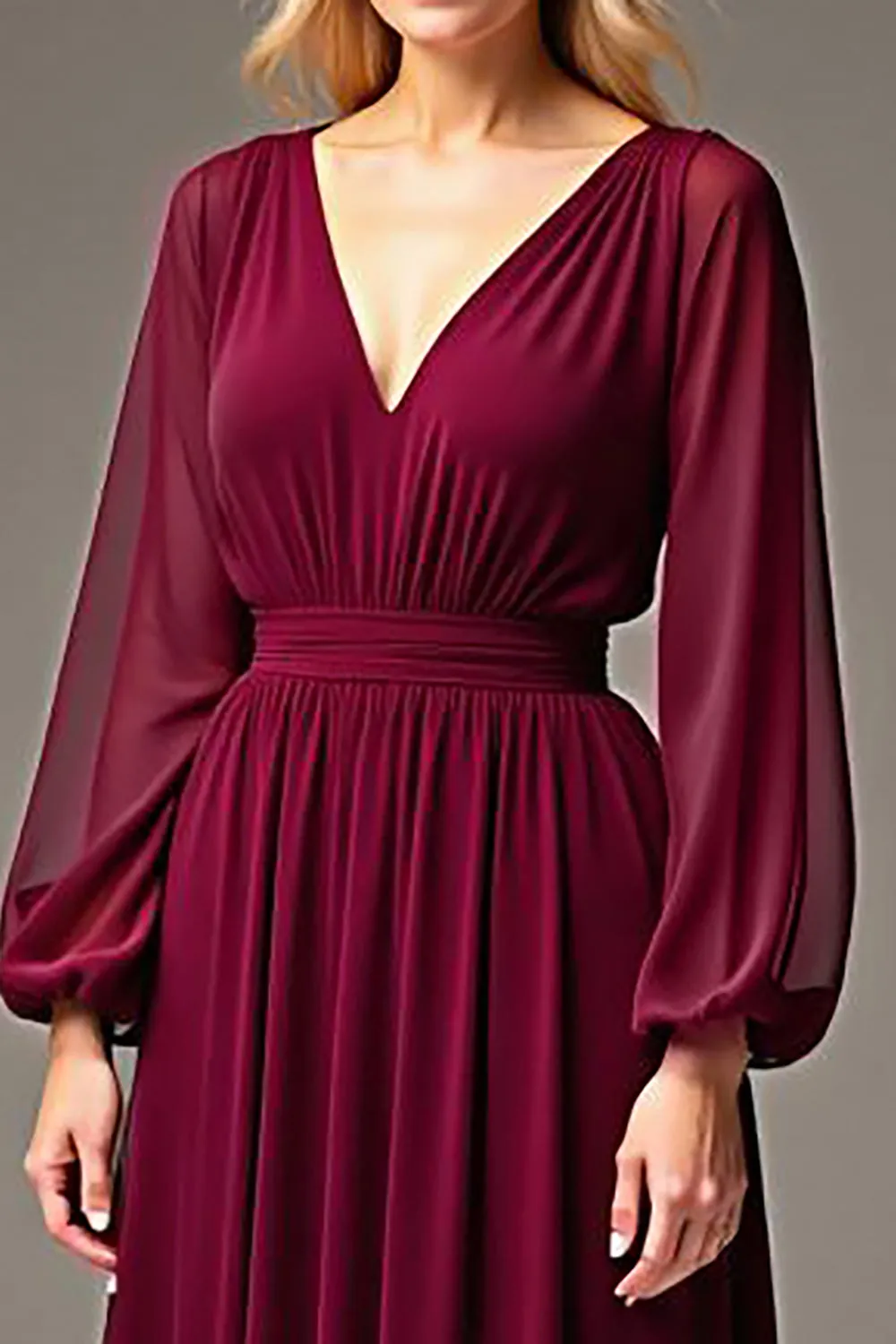 Burgundy V Neck Long Sleeve Chiffon Long Mother Of The Bride Dress sold by Zapaka product image thumbnail 3