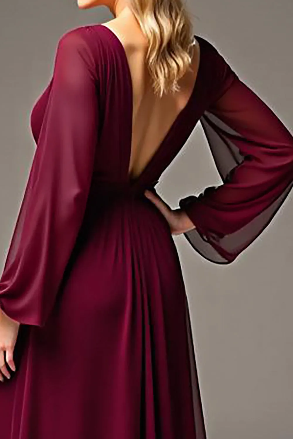 Burgundy V Neck Long Sleeve Chiffon Long Mother Of The Bride Dress sold by Zapaka product image thumbnail 4