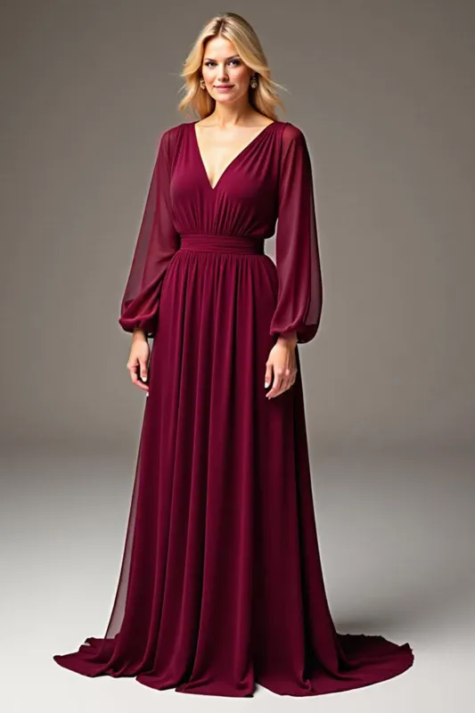 Burgundy V Neck Long Sleeve Chiffon Long Mother Of The Bride Dress sold by Zapaka