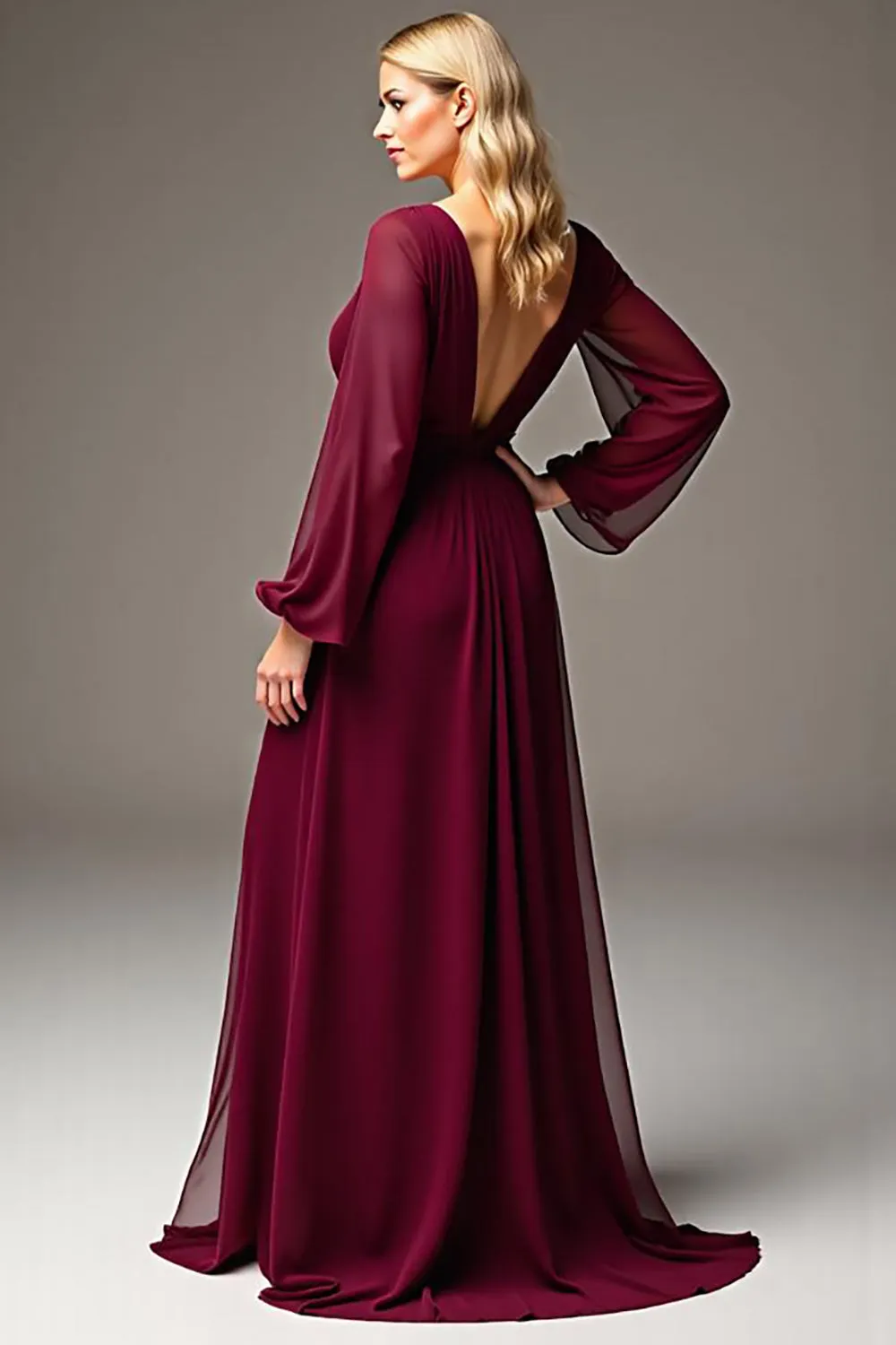 Burgundy V Neck Long Sleeve Chiffon Long Mother Of The Bride Dress sold by Zapaka product image thumbnail 2