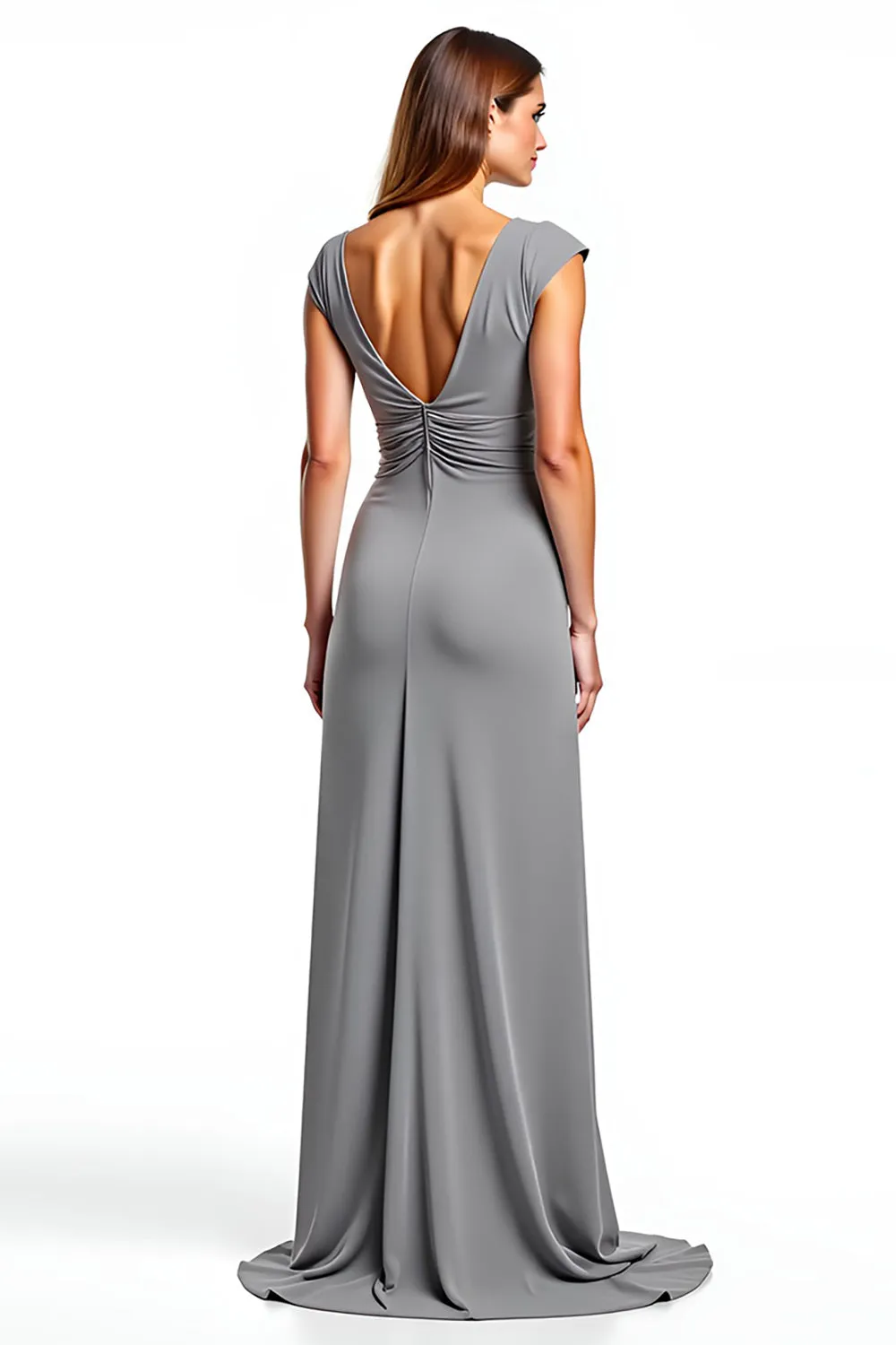 Silver Sheath V-Neck Cap Sleeves Ruched Long Mother of the Bride Dress sold by Zapaka product image thumbnail 2