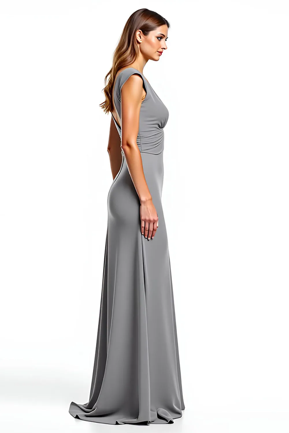Silver Sheath V-Neck Cap Sleeves Ruched Long Mother of the Bride Dress sold by Zapaka product image thumbnail 3