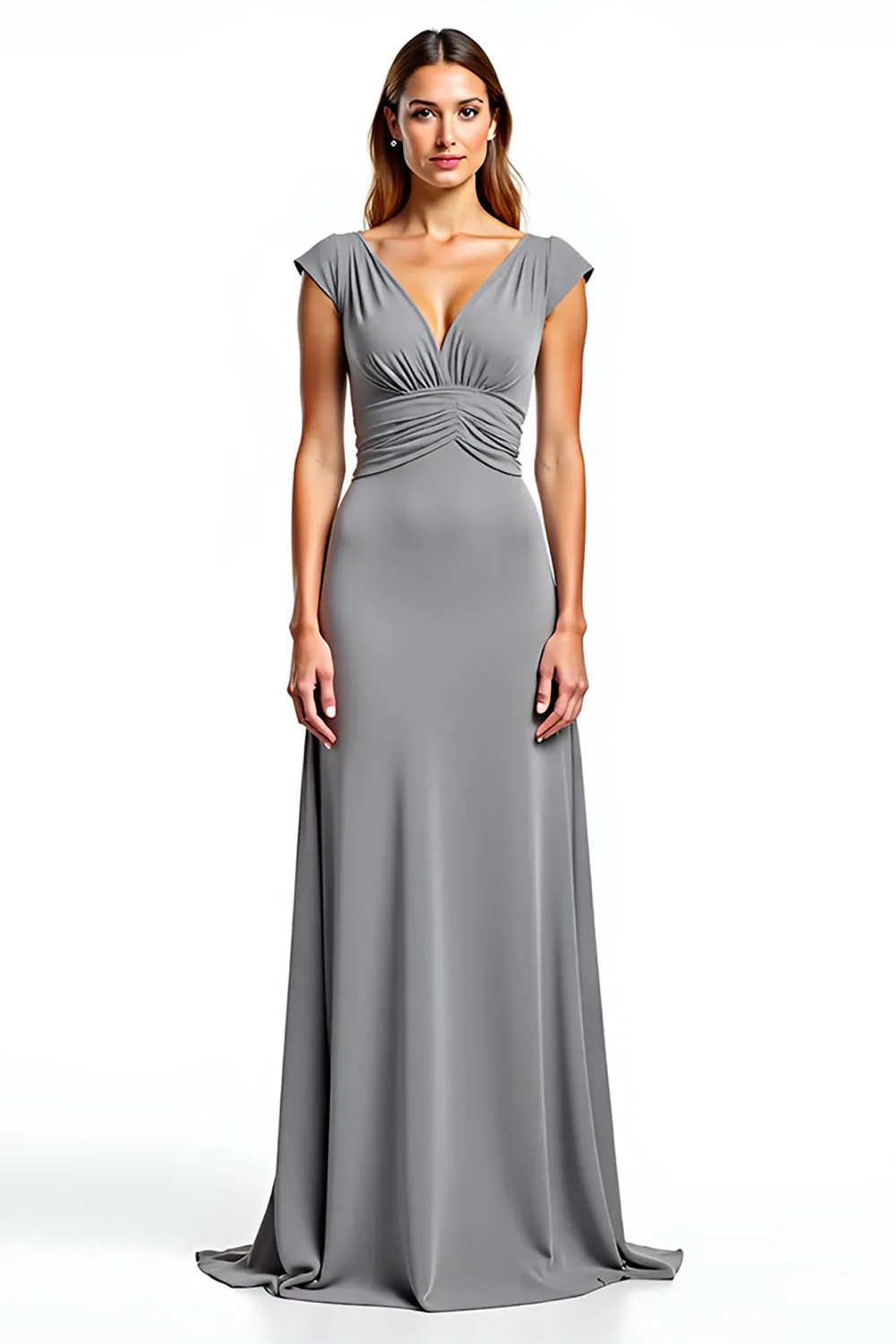 Silver Sheath V-Neck Cap Sleeves Ruched Long Mother of the Bride Dress sold by Zapaka